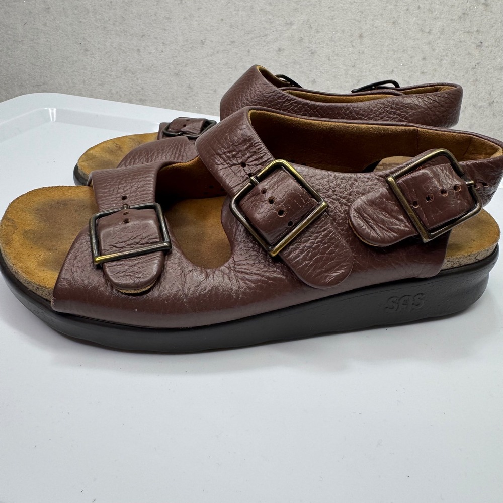 SAS Sanibel Sandals Womens 6.5 W Brown Leather Triple Buckle Slingback Comfort - Picture 9 of 10